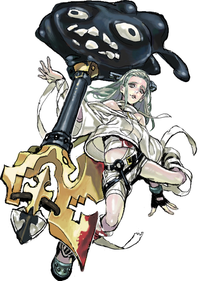 1girl a.b.a bags_under_eyes bandaged_neck bandages bare_shoulders black_gloves blood blood_on_bandages blood_on_clothes fingerless_gloves gloves green_eyes green_hair guilty_gear guilty_gear_strive headband highres key_in_head long_hair looking_at_viewer nobita_(makoto7060355) object_through_head pale_skin paracelsus_(guilty_gear) white_headband