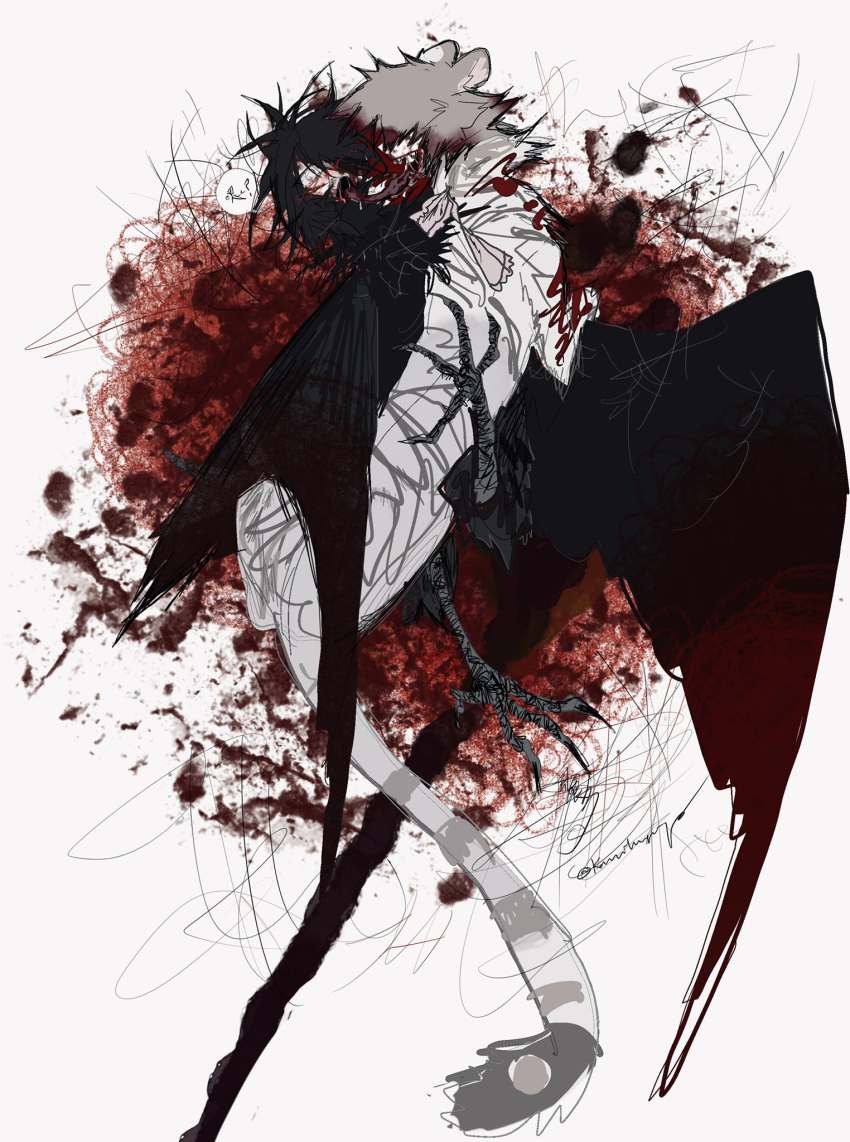 animal_ears black_feathers black_hair black_wings blood blood_on_face bow brown_hair feathers grey_fur guro harpy_boy highres kamikiririp monster monster_boy no_humans original sphinx talons white_background white_fur wings