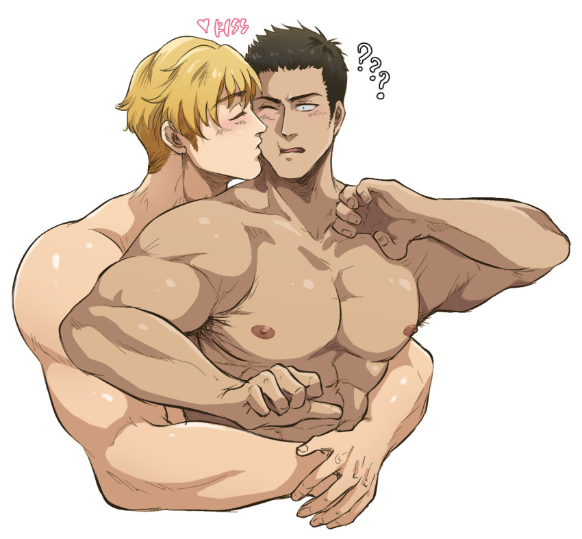 2boys ? ?? abs ao_isami bara black_hair blonde_hair blush couple cropped_torso facial_hair from_side hal_(harenchiou) kiss kissing_cheek large_pectorals lewis_smith male_focus multiple_boys nipples nude pectorals profile sideburns_stubble stubble thick_eyebrows translation_request yaoi yuuki_bakuhatsu_bang_bravern