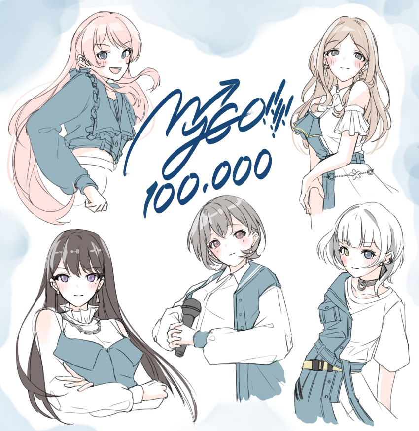 5girls bang_dream! bang_dream!_it's_mygo!!!!! black_choker black_hair blue_eyes blue_jacket blush brown_eyes brown_hair chain_necklace chihaya_anon choker closed_mouth clothing_cutout commentary cropped_jacket dress earclip earrings fang grey_eyes grey_hair heterochromia highres holding holding_microphone jacket jewelry kaname_raana kuuhaku_900 long_hair long_sleeves looking_at_viewer microphone midriff mole mole_under_eye multiple_girls mygo!!!!!_(bang_dream!) nagasaki_soyo necklace open_mouth own_hands_together pink_hair purple_eyes see-through see-through_sleeves shiina_taki shirt short_hair shoulder_cutout sidelocks takamatsu_tomori white_dress white_hair white_shirt yellow_eyes