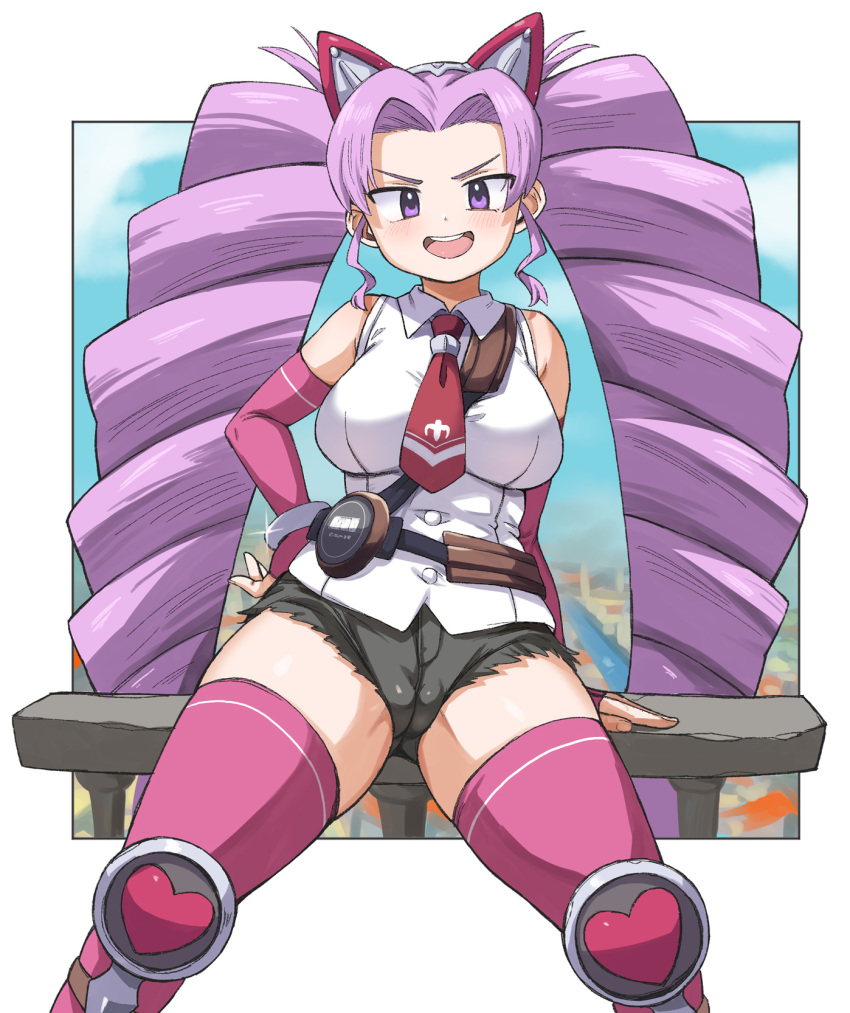 1girl black_shorts blush breasts cameltoe drill_hair elbow_gloves gloves hand_on_hip headgear heart highres knee_pads large_breasts long_hair necktie omuraashu open_mouth pink_legwear purple_eyes purple_hair shachou_batoru_no_jikan_desu! shirt shorts sleeveless sleeveless_shirt solo thighhighs twin_drills twintails white_shirt