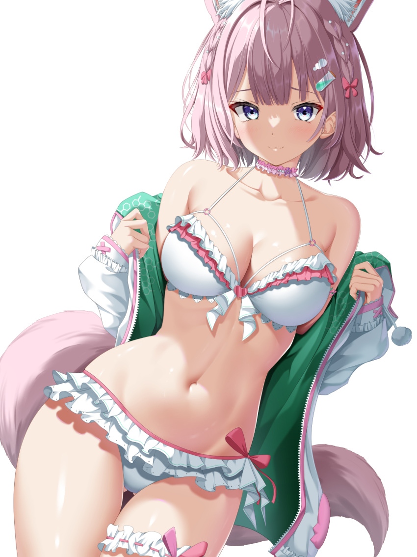 1girl animal_ear_fluff animal_ears antenna_hair bare_shoulders bikini blush braid breasts choker closed_mouth collarbone extra_ears frilled_bikini frilled_choker frills green_hoodie hair_ornament hair_ribbon hakui_koyori hakui_koyori_(summer) hexagon_print highres hololive hood hoodie kogarashi_tobi large_breasts long_sleeves looking_at_viewer medium_hair navel open_clothes open_hoodie pink_choker pink_hair pink_ribbon purple_eyes ribbon simple_background sleeves_past_wrists smile solo stomach swimsuit tail thigh_strap thighs two-tone_choker two-tone_hoodie virtual_youtuber white_background white_bikini white_choker white_hoodie wolf_ears wolf_girl wolf_tail