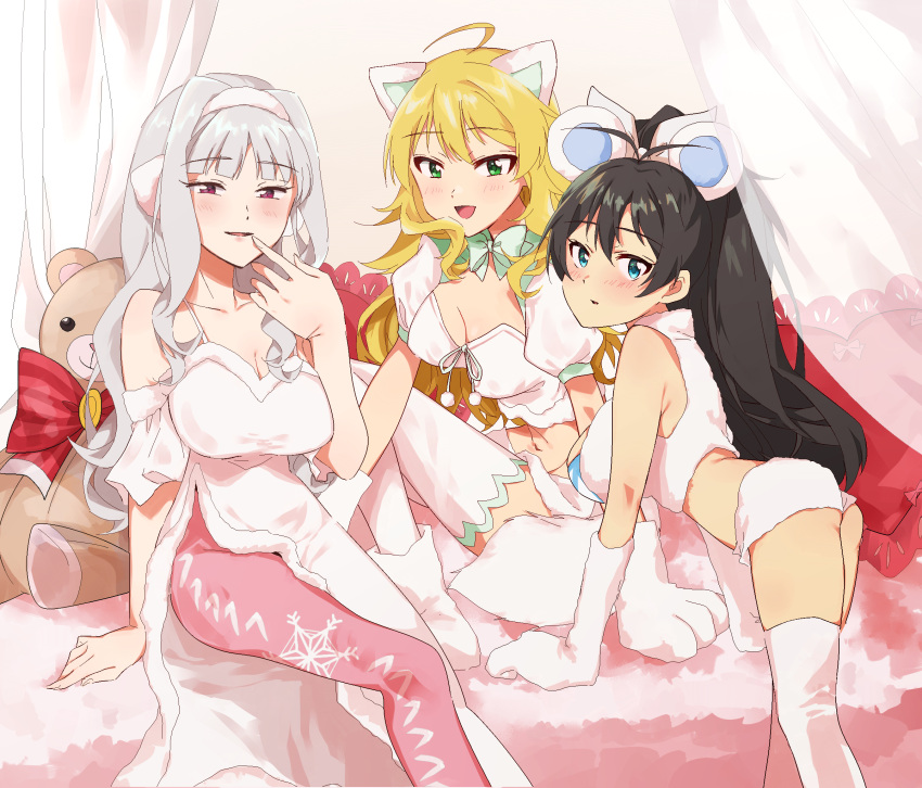 3girls ahoge animal_ears animal_hands antenna_hair arm_support bare_shoulders black_hair blonde_hair blue_eyes blush bow bowtie breasts cat_ears cat_paws cleavage cleavage_cutout closed_mouth clothing_cutout crop_top cropped_shirt cushion detached_sleeves dress elbow_gloves fake_animal_ears finger_to_mouth ganaha_hibiki gloves green_bow green_bowtie green_eyes green_trim grey_hair hair_bow hair_ribbon hairband hand_up highres hoshii_miki idolmaster idolmaster_(classic) idolmaster_million_live! idolmaster_million_live!_theater_days indoors katsu_(kana) large_breasts long_hair looking_at_viewer looking_back medium_breasts mouse_ears multiple_girls navel neck_ribbon on_bed open_mouth pants pants_under_dress parted_lips pink_pants ponytail project_fairy_(idolmaster) puffy_short_sleeves puffy_sleeves purple_eyes ribbon shijou_takane shirt short_sleeves shorts side_slit sitting skirt sleeveless sleeveless_dress sleeveless_shirt smile standing stuffed_animal stuffed_toy teddy_bear thighhighs transparent_curtains white_dress white_gloves white_hairband white_ribbon white_shirt white_shorts white_skirt white_sleeves white_thighhighs