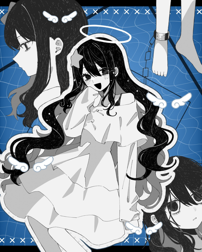 1girl bags_under_eyes barefoot blue_background blush bra_strap commentary_request cuffs dress empty_eyes expressionless greyscale_with_colored_background hair_ornament half-closed_eyes halo hand_to_own_mouth hand_up highres hitose_rei letterboxed long_hair long_sleeves looking_at_viewer multiple_views outline outside_border profile shackles sleeves_past_fingers sleeves_past_wrists smile sparkle star_(symbol) star_hair_ornament suishitai_wa_koi_shitai_(vocaloid) vocaloid wavy_hair