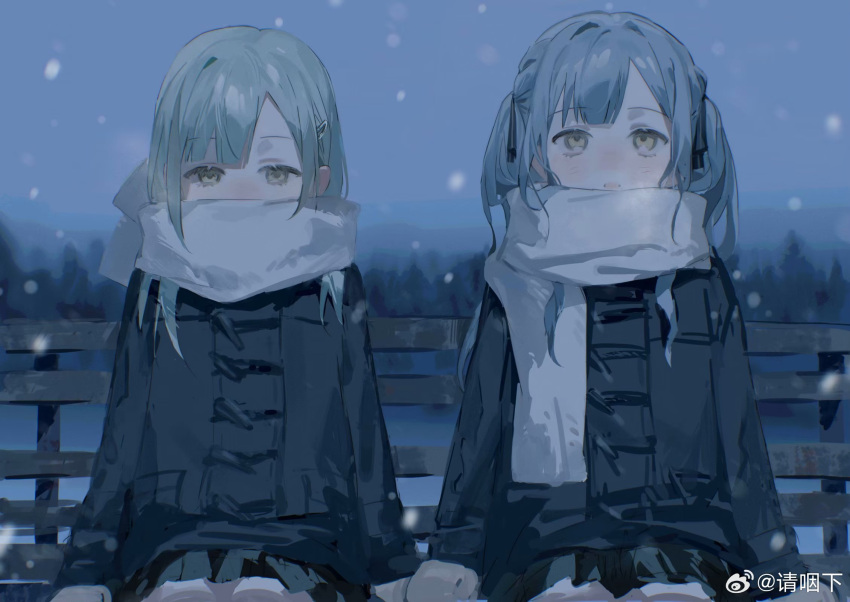 2girls bang_dream! bang_dream!_it's_mygo!!!!! bench black_skirt blue_hair blush breath chinese_commentary commentary_request green_hair green_jacket grey_theme hair_ornament hair_ribbon hairclip highres jacket long_hair long_sleeves looking_at_viewer multiple_girls night night_sky qing_yan_xia ribbon scarf skirt sky snow snowing togawa_sakiko two_side_up wakaba_mutsumi watermark weibo_logo weibo_username white_scarf yellow_eyes