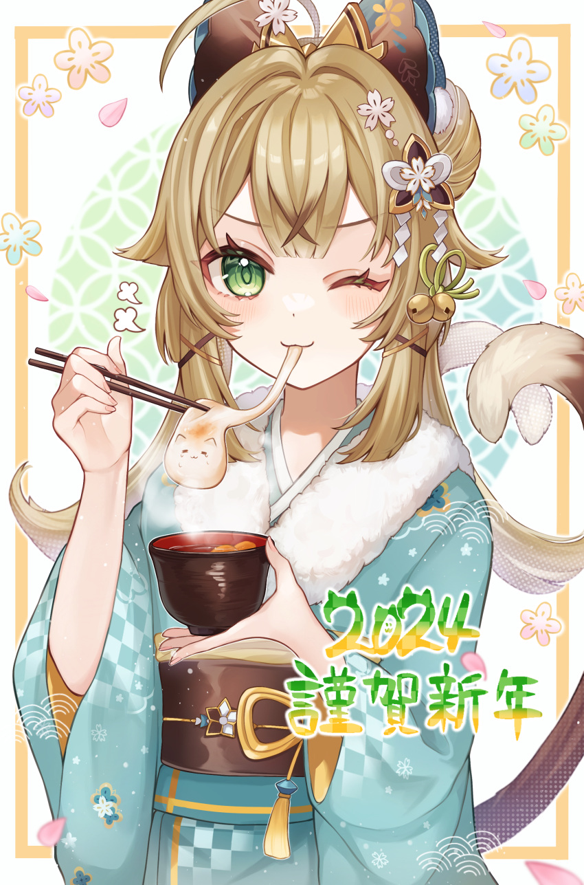 1girl 2024 ;3 absurdres ahoge aqua_kimono bell blunt_bangs blush bow bowl brown_hair brown_sash cat_tail chopsticks closed_mouth commentary_request double-parted_bangs eating eyelashes falling_petals fingernails flower_(symbol) food food_in_mouth fur-trimmed_kimono fur_trim genshin_impact green_eyes green_ribbon hair_bell hair_bow hair_intakes hair_ornament hair_ribbon hand_up highres holding holding_bowl holding_chopsticks japanese_clothes jingle_bell kimono kirara_(genshin_impact) kirara_(post_office)_(genshin_impact) long_hair long_sleeves looking_at_viewer mochi mochi_trail mokankan multiple_tails obi obiage obijime official_alternate_costume one_eye_closed petals puff_of_air ribbon sash seigaiha shide shippou_(pattern) sidelocks simple_background smile solo steam tail tassel translation_request two_tails white_background wide_sleeves x_hair_ornament zouni_soup