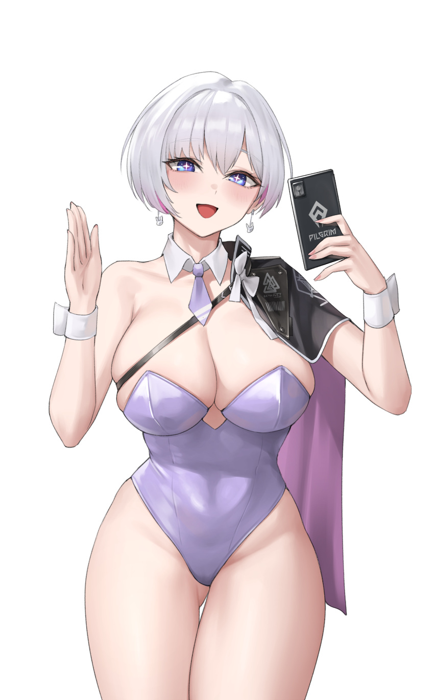 1girl absurdres bare_shoulders black_capelet blue_eyes blush breasts capelet cellphone cleavage collarbone detached_collar earrings goddess_of_victory:_nikke highleg highleg_leotard highres jewelry kurone_rinka large_breasts leotard liliweiss_(nikke) looking_at_viewer necktie open_mouth phone purple_leotard short_hair single_bare_shoulder smile solo star-shaped_pupils star_(symbol) symbol-shaped_pupils thighs white_hair wrist_cuffs