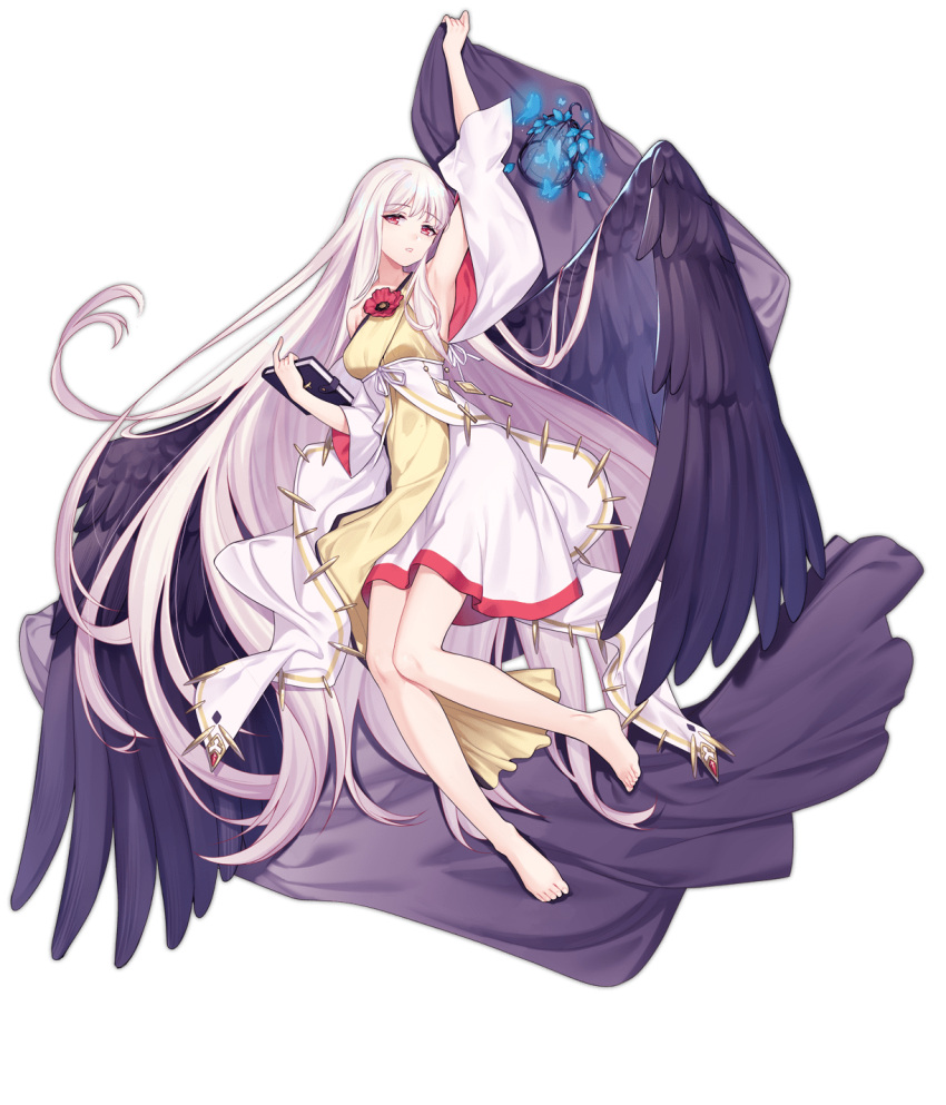 1girl absurdly_long_hair ark_order armpits barefoot bed_sheet black_wings blue_butterfly book bug butterfly cage detached_sleeves dress feathered_wings flower full_body gold_trim highres holding holding_book holding_sheet hypnos_(ark_order) jewelry lan_ren_hui long_hair long_sleeves looking_at_viewer lying neck_flower necklace official_art on_back parted_lips pink_flower pink_hair red_eyes solo sparkle transparent_background two-tone_dress very_long_hair white_dress wings yellow_dress