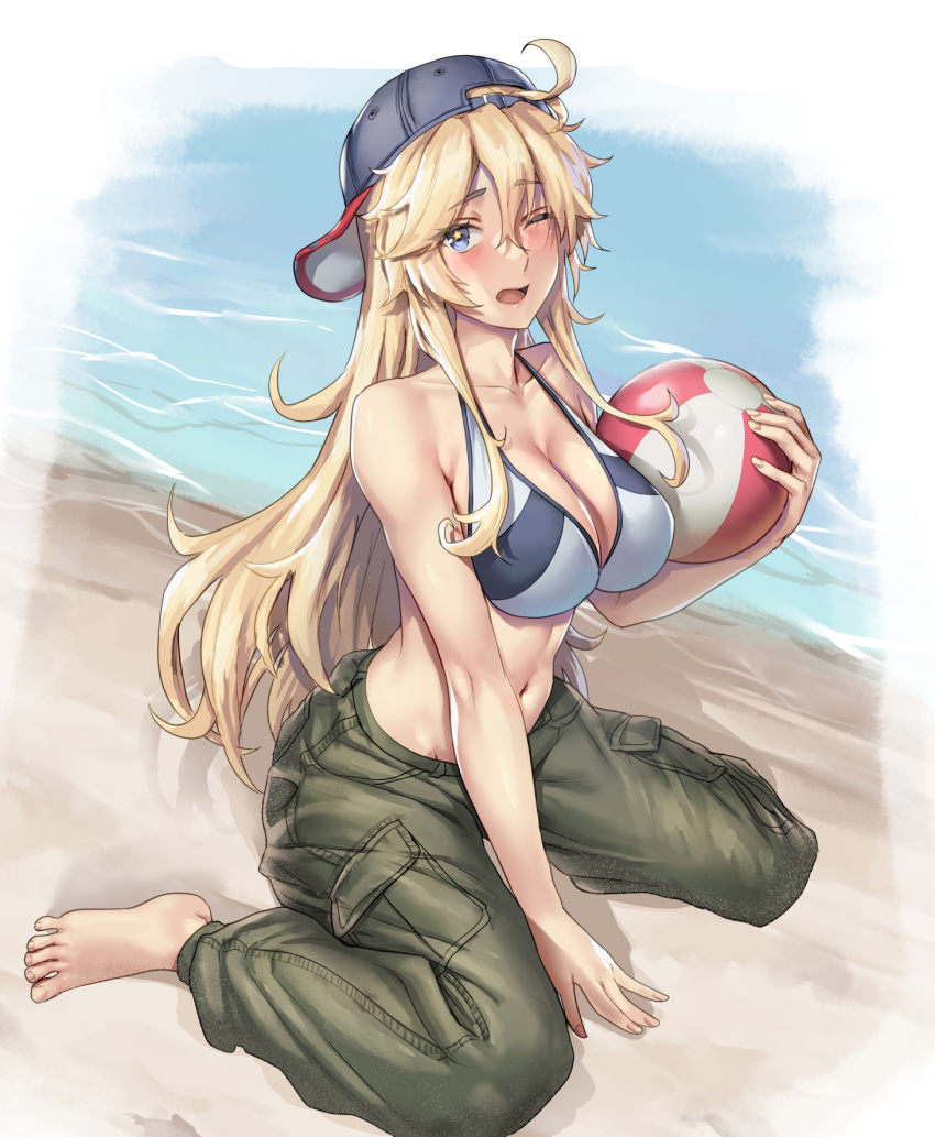 1girl ahoge alternate_costume backwards_hat ball barefoot baseball_cap beach beachball between_legs bikini bikini_top_only bikini_under_clothes black_bikini blonde_hair blue_eyes breasts cargo_pants cleavage commentary_request full_body grey_bikini grey_pants hair_between_eyes hair_through_headwear hand_between_legs hat highres holding holding_ball holding_beachball iowa_(kancolle) kantai_collection kokuzou large_breasts long_hair looking_at_viewer navel ocean one_eye_closed open_mouth pants sitting solo star_(symbol) star_in_eye swimsuit swimsuit_under_clothes symbol-shaped_pupils symbol_in_eye wariza