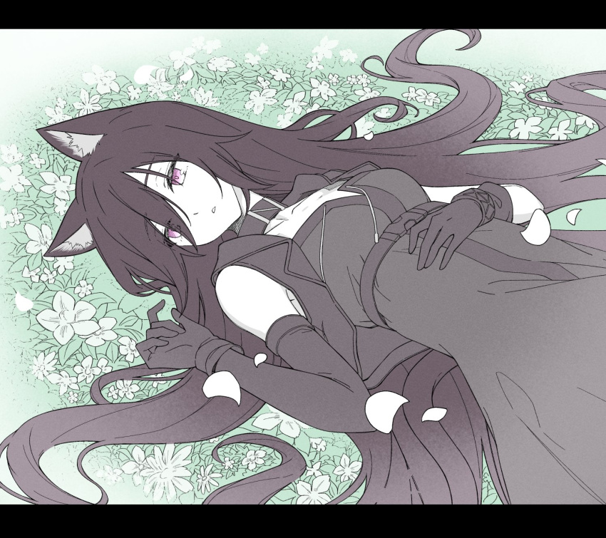 1girl animal_ear_fluff animal_ears arknights black_dress black_gloves black_hair black_sleeves black_vest breasts collarbone commentary_request detached_sleeves drawstring dress eyes_visible_through_hair flower gloves hair_over_one_eye hand_up highres kyoro_(kyoroillust) letterboxed long_hair looking_at_viewer lying medium_breasts melantha_(arknights) on_back open_clothes open_vest purple_eyes single_detached_sleeve single_sleeve solo very_long_hair vest white_flower