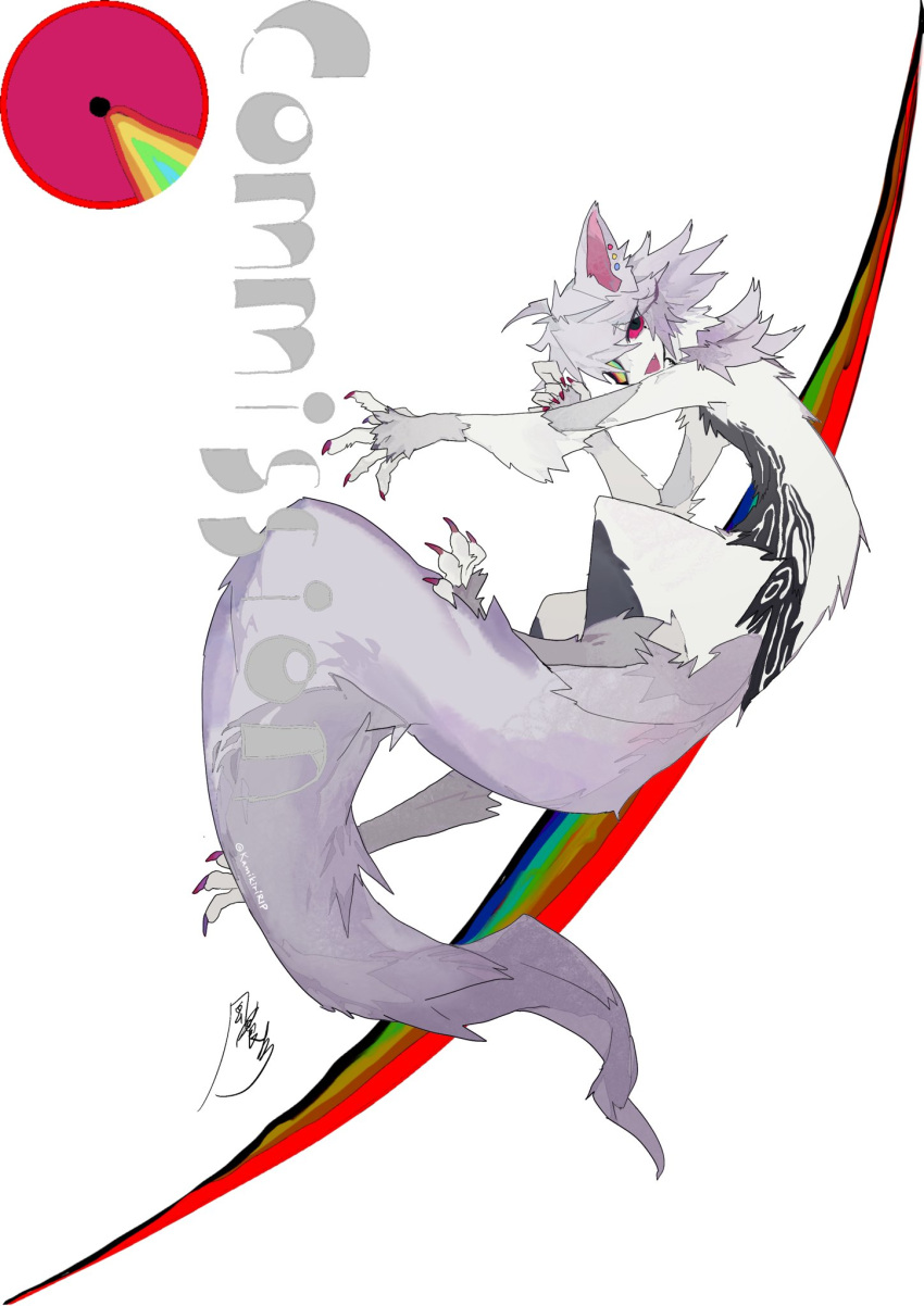 animal_ears animal_feet animal_hands claws commission creature fang grey_fur grey_hair grey_tail highres kamikiririp no_humans open_mouth original smile solo tail white_background