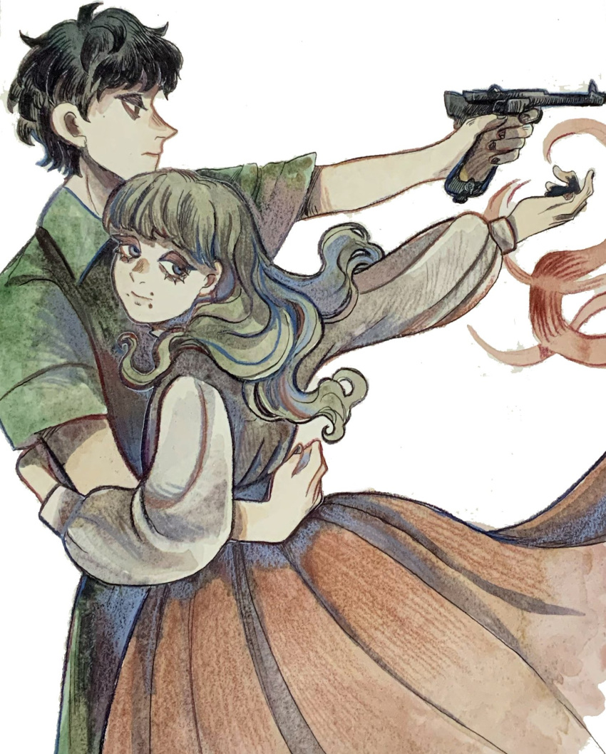 1boy 1girl aiming black_hair blue_eyes brown_hair commentary fear_&amp;_hunger fear_&amp;_hunger_2:_termina green_jumpsuit gun handgun highres holding holding_gun holding_weapon hug jumpsuit kuropin levi_(fear_&amp;_hunger) long_hair long_skirt long_sleeves looking_at_viewer luger_p08 marina_(fear_&amp;_hunger) mole mole_under_mouth mouth_piercing outstretched_arm pink_skirt shirt skirt standing weapon white_background white_shirt