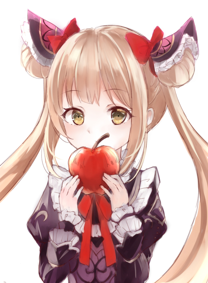 1girl apple bangs black_dress bow brown_eyes commentary_request double_bun dress eyebrows_visible_through_hair food fruit hair_bow hands_up highres holding holding_food holding_fruit juliet_sleeves light_brown_hair long_hair long_sleeves looking_at_viewer luna_(shadowverse) puffy_sleeves red_apple red_bow ririka_(ab-yuri) shadowverse simple_background sleeves_past_wrists solo twintails upper_body very_long_hair white_background