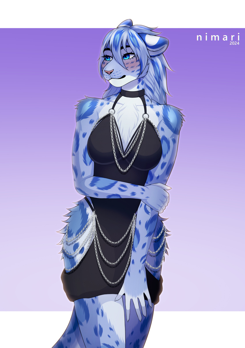 2024 5_fingers anthro arm_under_breasts bethesda_softworks blue_body blue_eyes blue_hair blue_spots blush breasts chain_jewelry chest_tuft claws clothing dress felid feline female fingers fur grey_body grey_fur hair hi_res hip_tuft holding_arm hollow_hip_dress khajiit leopard long_hair looking_sideways m'ria_(maks_hunt) mammal markings meme meme_clothing nimari pantherine shy silver_(metal) simple_background snow_leopard solo spots spotted_body spotted_fur standing tail text the_elder_scrolls tuft url white_body white_fur