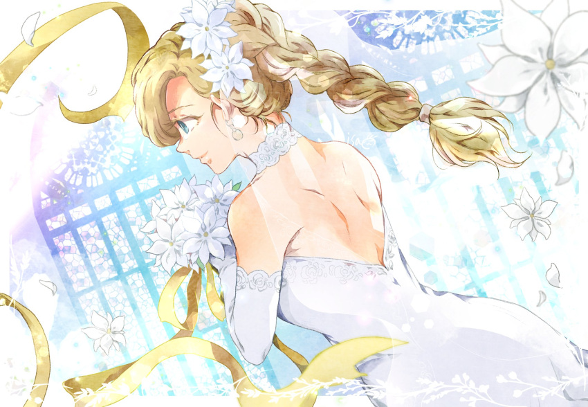 1girl back backless_dress backless_outfit bare_shoulders bianca_(dq5) blonde_hair blue_eyes bouquet braid braided_ponytail bridal_gauntlets bride closed_mouth commentary_request cowboy_shot dragon_quest dragon_quest_v dress earrings elbow_gloves falling_petals flower from_behind gloves hair_flower hair_ornament high_ponytail highres holding holding_bouquet holding_flower isa_(chiyo-s) jewelry long_hair petals profile ribbon smile solo wedding_dress white_dress white_flower white_gloves yellow_ribbon