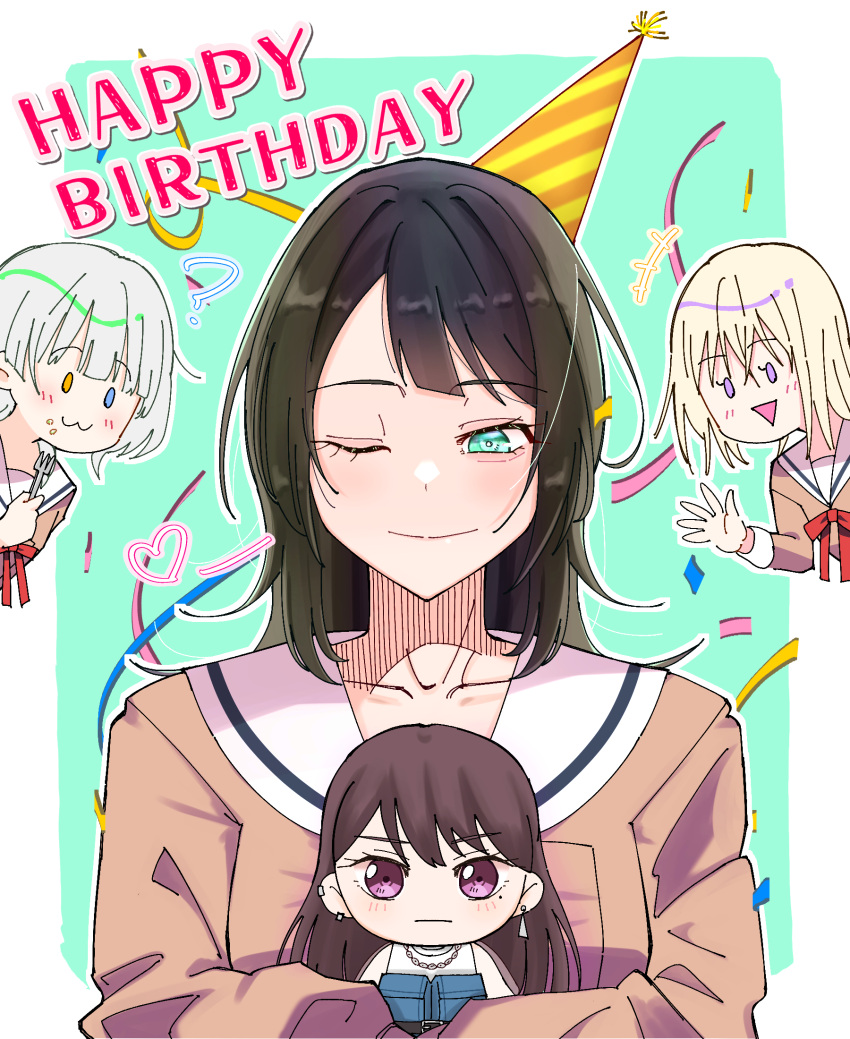 :3 bang_dream! bang_dream!_it's_mygo!!!!! black_hair blonde_hair blue_eyes blush border brown_dress character_doll closed_mouth collarbone commentary confetti dress earclip food food_on_face fork green_eyes hanasakigawa_school_uniform happy_birthday hashtag-only_commentary hat heterochromia highres holding holding_fork kaname_raana long_hair long_sleeves medium_hair misumi_uika mole mole_under_eye neck_ribbon one_eye_closed outline outside_border party_hat purple_eyes red_ribbon ribbon sailor_collar sailor_dress school_uniform shiina_taki smile triangle_mouth tsuyudashimirin waving white_border white_hair white_outline white_sailor_collar yahata_umiri yellow_eyes