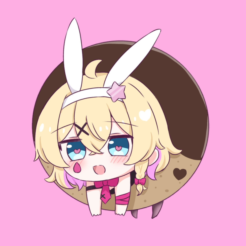 1girl :d ahoge alternate_costume animal_ears arm_ribbon blonde_hair blue_eyes blush bow bowtie braid chibi chocolate_doughnut colored_inner_hair commentary_request crossed_bangs doughnut fake_animal_ears food hair_between_eyes hair_bow hair_ornament happy heart heart-shaped_pupils highres kirisame_marisa looking_at_viewer medium_hair multicolored_hair open_mouth pink_background pink_bow pink_bowtie pink_hair pink_ribbon playboy_bunny rabbit_ears rabbit_hole_(vocaloid) ribbon simple_background single_braid smile solo star_(symbol) star_hair_ornament symbol-shaped_pupils touhou x_hair_ornament yamutarou