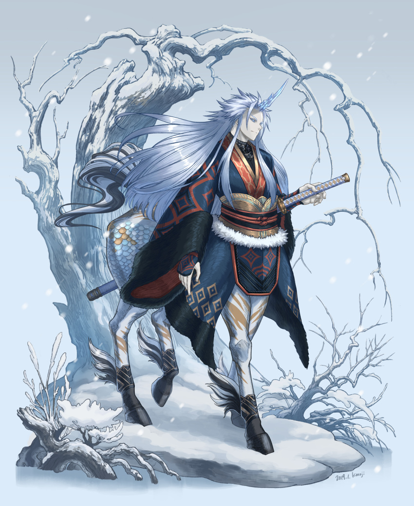 1boy arm_at_side artist_name bare_tree centaur dated full_body grey_background grey_eyes grey_hair highres horns japanese_clothes kimono konji_(yomn) long_hair original sheath sheathed single_horn snow solo standing taur tree wide_sleeves winter