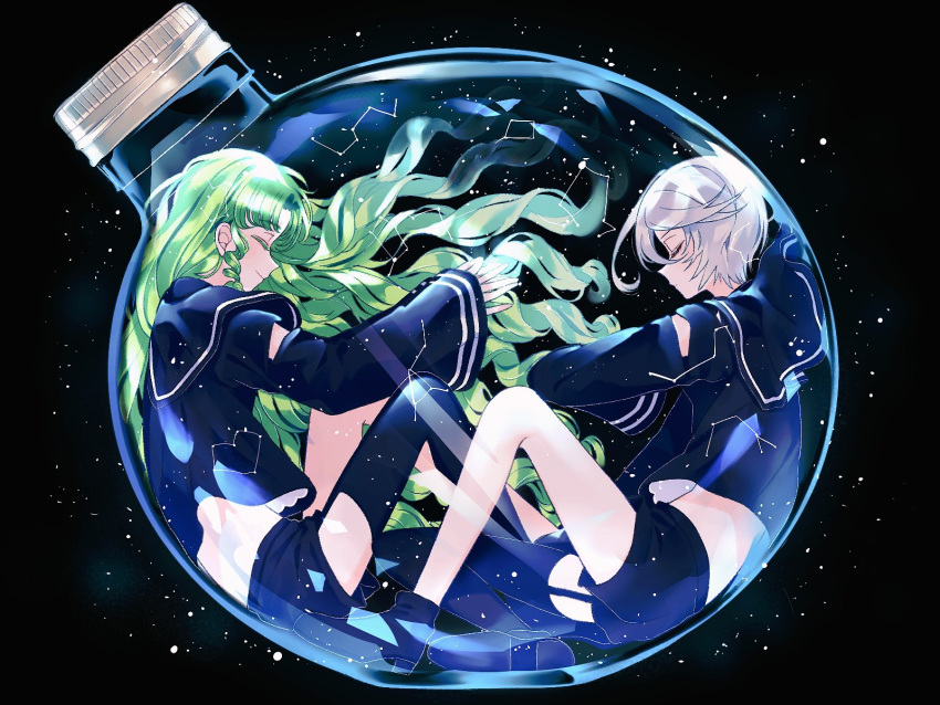 2girls ao_(ao0_0nemu) bad_id bad_twitter_id black_background black_jacket black_shorts closed_eyes closed_mouth commentary_request constellation falulu falulu_(awakened) from_side glass_bottle green_hair grey_hair hair_between_eyes highres in_container jacket knees_up long_hair long_sleeves multiple_girls parted_bangs pretty_series pripara profile shikyoin_hibiki short_hair shorts sidelocks sitting smile very_long_hair wavy_hair wide_sleeves