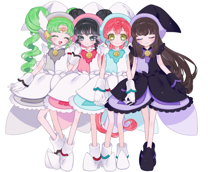 :d ao_(ao0_0nemu) black_dress black_footwear black_hair black_hat boots brown_hair closed_eyes commentary_request cosplay double_bun dress falulu falulu_(awakened) forehead_jewel full_body gaaruru_(pripara) gloves green_hair hair_bun hand_up hat headphones highres holding_hands kurosu_aroma long_hair looking_at_viewer ojamajo_doremi open_mouth parted_bangs pointy_footwear pointy_hat ponytail pretty_series pripara red_hair shiratama_mikan sidelocks simple_background smile standing twintails two-tone_dress white_background white_dress white_gloves wing_hair_ornament witch_hat yellow_eyes