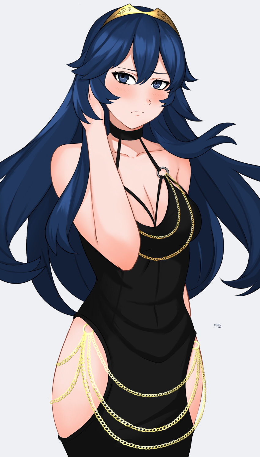 1girl absurdres alternate_costume arm_behind_head artist_name bare_shoulders black_dress blue_eyes blue_hair brand_of_the_exalt breasts cleavage_cutout clothing_cutout dress fire_emblem fire_emblem_awakening halterneck highres hip_vent kgctcg long_hair looking_at_viewer lucina_(fire_emblem) meme modakawa_dress o-ring o-ring_dress small_breasts solo