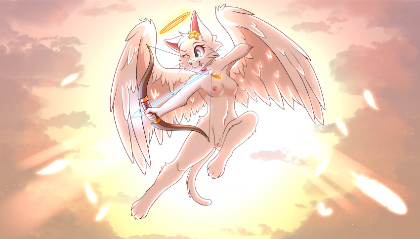 accessory anthro bow_(weapon) breasts feathered_wings feathers felid female flower flower_in_hair flying fur genitals hair hair_accessory hi_res holy_ring mammal nipples plant pussy ranged_weapon sky skyscape solo tail weapon white_body white_feathers white_fur wings zhorrito