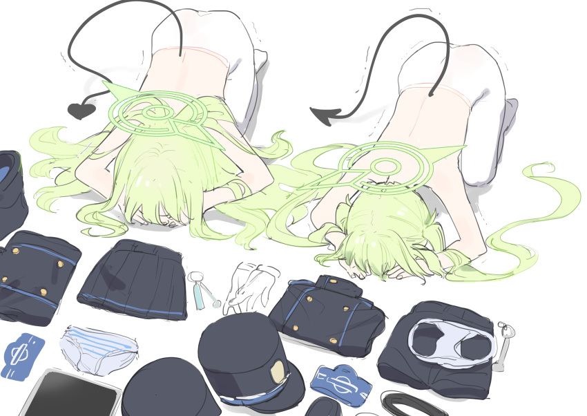 2girls absurdres ass black_hat black_shorts black_skirt black_tail blue_archive demon_tail djheycha dogeza gloves green_hair green_halo halo hat highlander_sidelocks_conductor_(blue_archive) highlander_twintails_conductor_(blue_archive) highres long_hair multiple_girls panties pantyhose peaked_cap pleated_skirt shorts simple_background skirt striped_clothes striped_panties tail underwear unworn_gloves unworn_hat unworn_headwear unworn_panties unworn_shorts unworn_skirt white_background white_gloves white_panties white_pantyhose