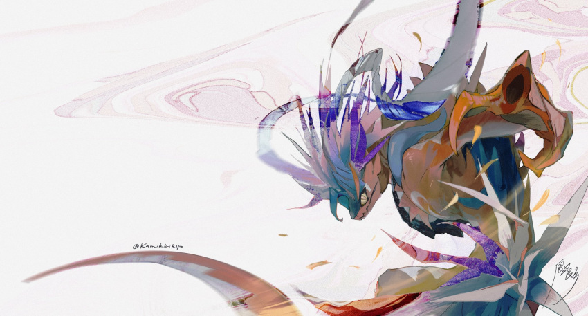 abstract_background blue_feathers closed_mouth colored_skin feathers highres kamikiririp koraidon no_humans pokemon pokemon_(creature) red_skin solo white_feathers yellow_eyes