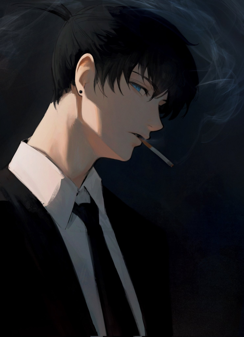 1boy black_hair blue_eyes chainsaw_man cigarette dark_background ear_piercing facing_to_the_side hayakawa_aki highres light looking_at_viewer male_focus necktie nokkusuart piercing short_hair short_ponytail solo suit upper_body