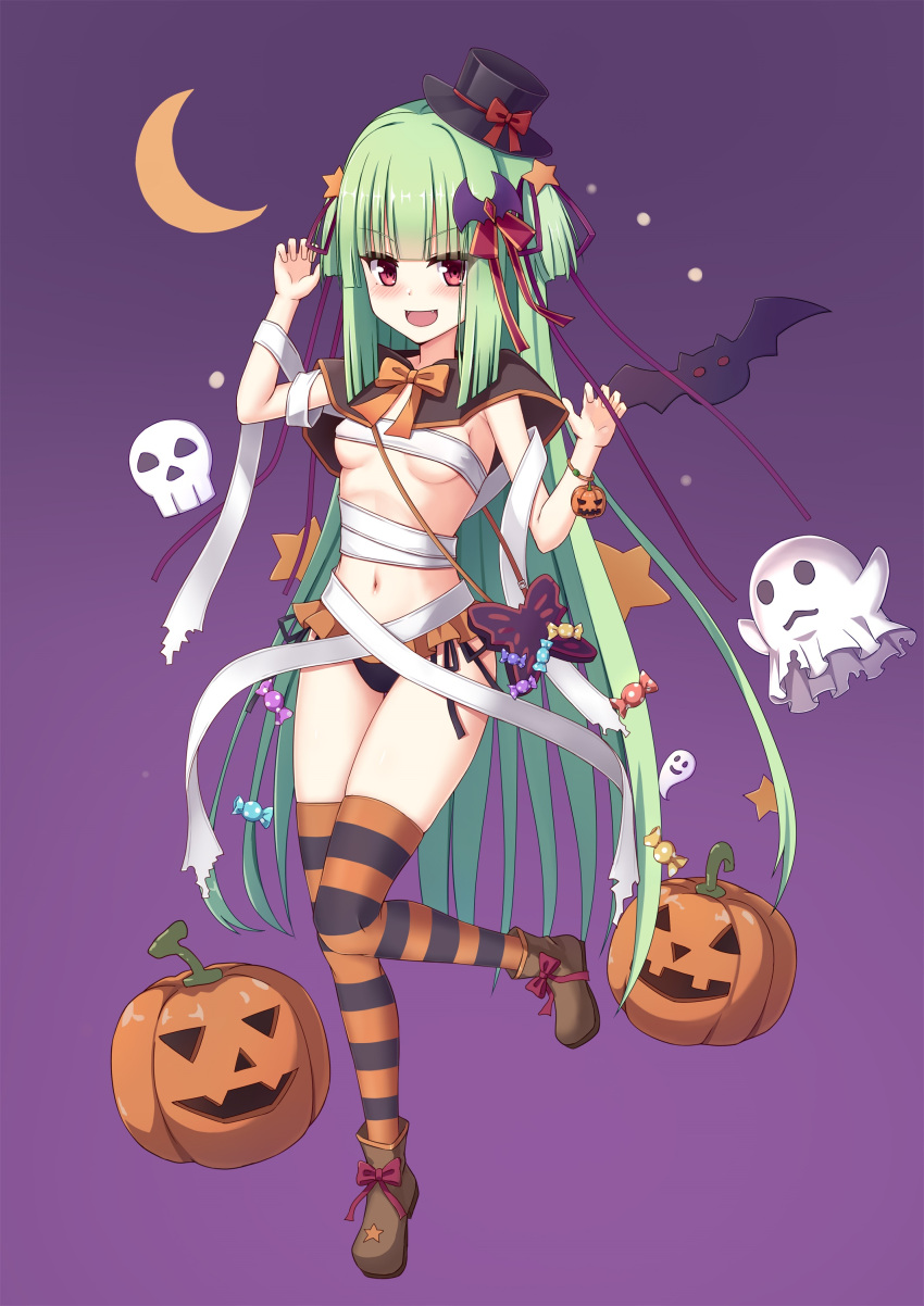 1girl :d absurdres alternate_costume bandages bat_(animal) bat_hair_ornament black_hat black_panties blunt_bangs blunt_ends blush boots bow breasts brown_capelet brown_footwear capelet chinese_commentary claw_pose commentary_request crescent_moon fangs green_hair grey_background hair_ornament hair_ribbon halloween halloween_costume hands_up happy hat highres hime_cut jack-o'-lantern knees_together_feet_apart long_hair long_ribbon looking_at_viewer moon murasame_(senren) navel open_mouth orange_bow panties purple_background purple_ribbon red_bow red_eyes ribbon sarashi senren_banka shu_pian sidelocks simple_background skull small_breasts smile solo standing standing_on_one_leg star_(symbol) star_hair_ornament straight_hair striped_clothes striped_thighhighs thighhighs top_hat tsurime two_side_up underboob underwear v-shaped_eyebrows very_long_hair