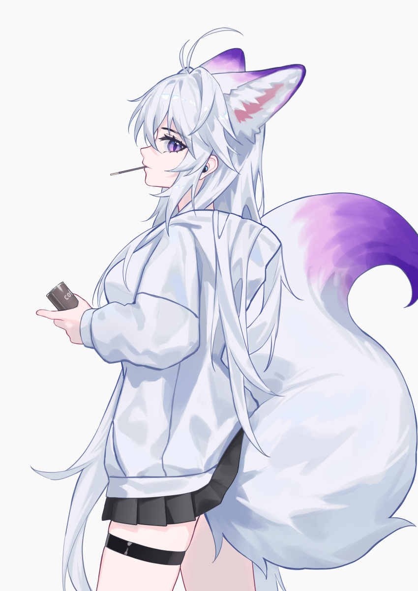 1girl absurdres animal_ears black_skirt breasts extra_ears food food_in_mouth fox_ears fox_girl fox_tail highres hood hood_down hoodie kirby_d_a large_breasts long_hair long_sleeves looking_at_viewer looking_to_the_side miniskirt original pocky pocky_in_mouth purple_eyes skirt tail white_hair white_hoodie