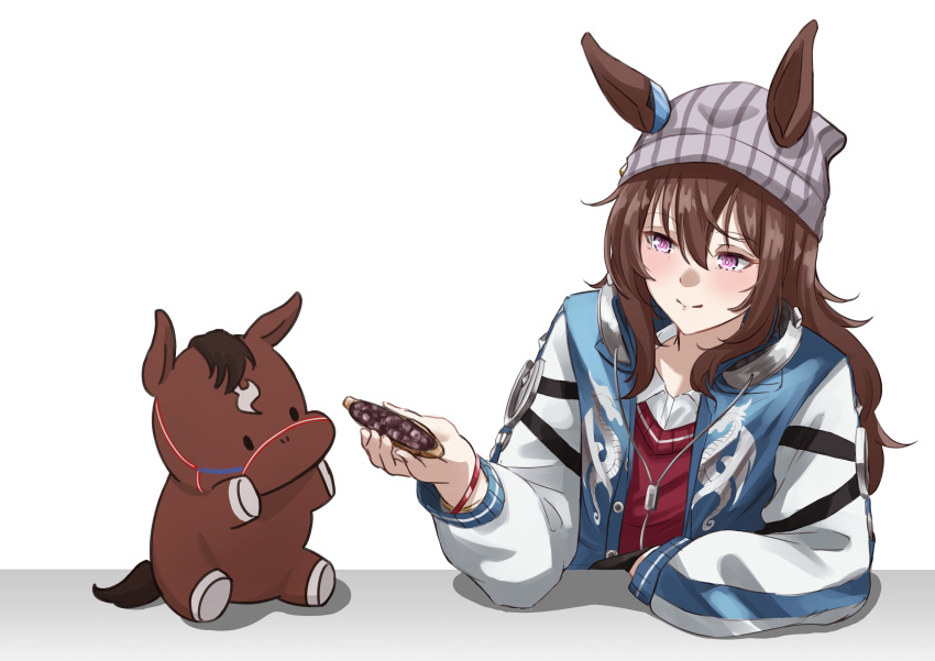 1girl 1other absurdres animal animal_ears beanie black_footwear black_gloves blue_jacket brown_hair collared_shirt ear_ornament ears_through_headwear food gloves grey_hat hair_between_eyes hakekeke2525 hat headphones highres holding holding_food horse_ears horse_girl jacket long_hair long_sleeves nakayama_festa_(racehorse) nakayama_festa_(umamusume) shirt simple_background smile umamusume white_background white_shirt