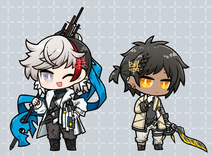 2boys arknights black_hair black_pants black_shirt bright_pupils brown_coat checkered_background chibi coat commentary dark-skinned_male dark_skin dog-san earclip elysium_(arknights) flag gloves grey_background grey_eyes grey_hair grey_pants holding holding_flag holding_sword holding_weapon looking_at_viewer multicolored_hair multiple_boys one_eye_closed open_mouth pants pants_rolled_up red_hair shirt signature simple_background smile sword thorns_(arknights) weapon white_coat white_gloves white_pupils yellow_eyes