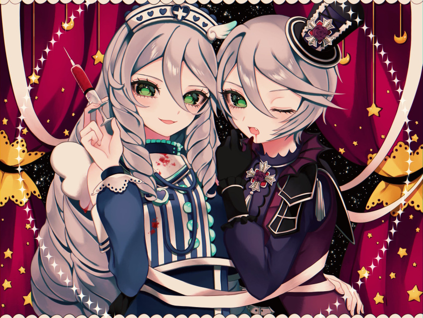 2girls ao_(ao0_0nemu) black_gloves blood blood_on_clothes blue_shirt commentary_request crescent curtains drill_hair dual_persona fang gloves green_eyes grey_hair hair_between_eyes halloween_costume hand_up hat highres holding holding_syringe long_hair long_sleeves looking_at_viewer mini_hat mini_top_hat multiple_girls nurse_cap one_eye_closed open_mouth pretty_series pripara shikyoin_hibiki shirt short_hair smile star_(symbol) stethoscope syringe top_hat upper_body vampire_costume