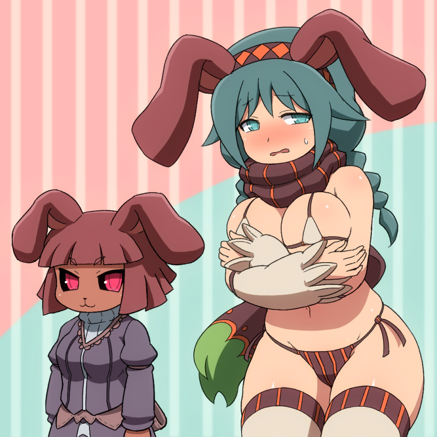 2girls :3 animal_ears bikini black_shirt blue_background blue_eyes blue_hair blush braid breasts brown_bikini brown_scarf character_request closed_mouth commentary_request covering_breasts covering_privates cowboy_shot dark_skin detached_sleeves fake_animal_ears grey_bikini grey_sleeves grey_thighhighs juliet_sleeves large_breasts long_hair long_sleeves looking_at_viewer low_twin_braids medium_bangs medium_breasts mismatched_bikini multiple_girls open_mouth pink_background puffy_sleeves rabbit_ears red_eyes scarf sequel_(series) sequel_awake shirosato shirt short_hair smile striped_background sweater swimsuit thighhighs turtleneck turtleneck_sweater twin_braids