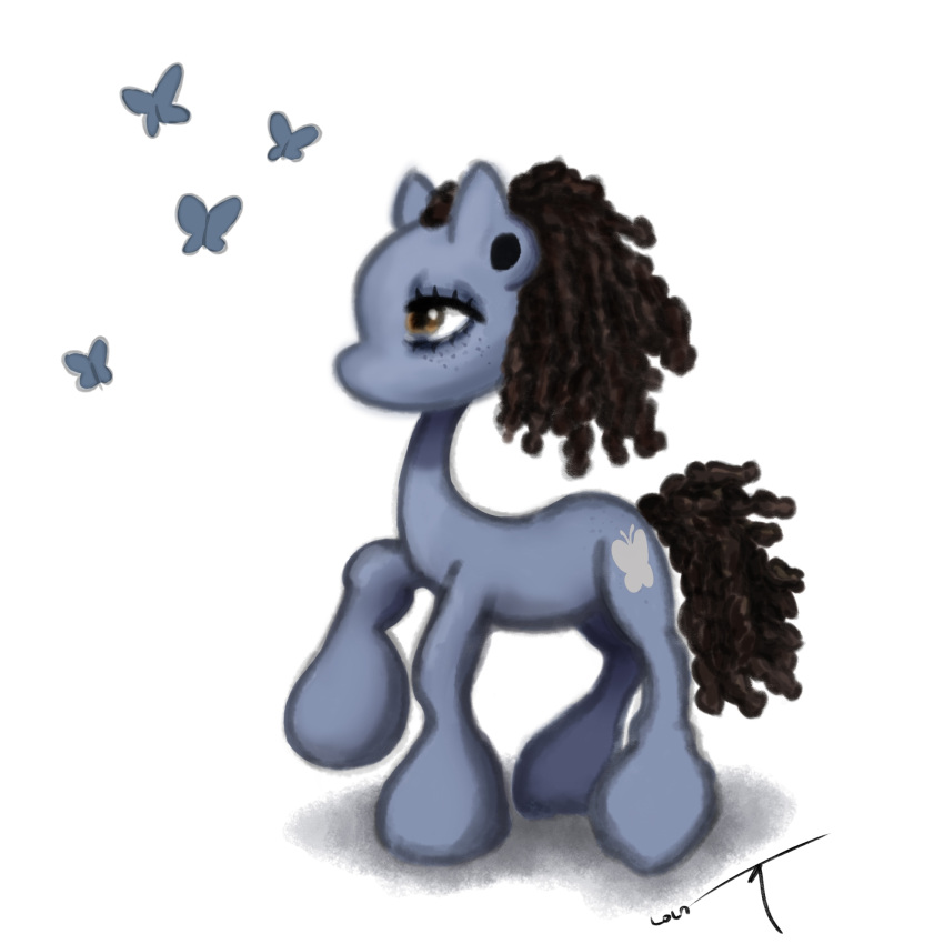 arthropod blue_body brown_eyes brown_hair brown_mane brown_tail butterfly curled_hair curled_mane curled_tail cutie_mark ear_piercing earth_pony equid equine eyelashes fan_character female freckles gauged_ear hair hasbro hi_res horse insect lepidopteran mammal mane my_little_pony piercing pony simple_background solo tail tuskonline white_background