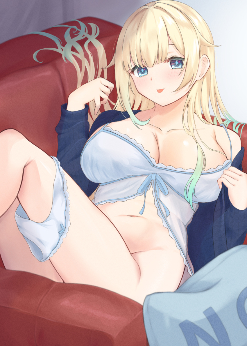 1girl :p aizawa_ema aoibajiru armchair babydoll blonde_hair blue_babydoll blue_eyes blue_hair blue_panties blue_ribbon blue_shirt blunt_bangs bottomless bow bow_panties breasts chair gradient_hair hair_flaps highres large_breasts long_hair looking_at_viewer lying multicolored_hair no on_back open_clothes open_shirt panties panties_around_one_leg ribbon shirt single_bare_shoulder solo thighs tongue tongue_out underwear virtual_youtuber vspo! yes-no_pillow