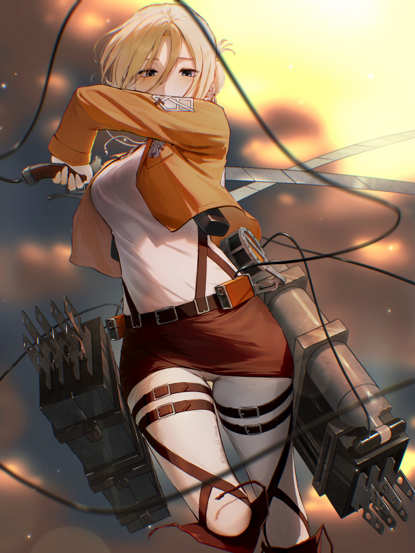 1girl absurdres annie_leonhart belt belt_buckle blue_eyes breasts brown_belt brown_jacket brown_skirt buckle commentary_request dual_wielding highres holding holding_weapon jacket long_sleeves looking_at_viewer medium_breasts open_clothes open_jacket pants paradis_military_uniform sayo_nara_drawing shingeki_no_kyojin short_hair skirt solo thighs three-dimensional_maneuver_gear uniform weapon white_pants