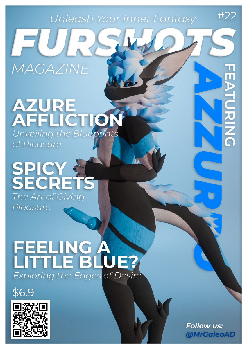 3d_(artwork) absurd_res animal_genitalia animal_penis anthro blender_(software) blender_cycles blue_body blue_eyes blue_fur blue_hair canine_genitalia canine_penis cover digital_media_(artwork) dragon english_text erection fluffy fur furred_dragon genitals hair hi_res horn knot looking_at_viewer magazine magazine_cover male mammal mrgaleo mythological_creature mythological_scalie mythology nardo nardoragon nude penis scalie simple_background smile solo tail text thick_thighs white_body white_fur