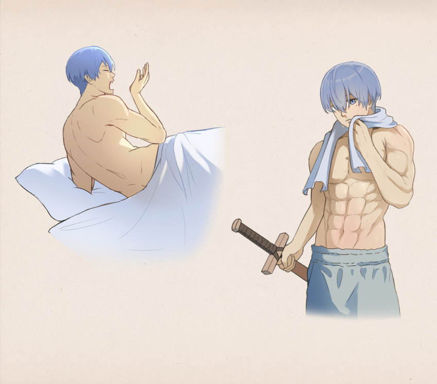 1boy abs blue_eyes blue_hair closed_mouth commentary cropped_legs english_commentary expressionless grey_background himmel_(sousou_no_frieren) holding holding_sword holding_weapon looking_at_viewer male_focus mole mole_under_eye multiple_views muscular short_hair simple_background songjo sousou_no_frieren sweat sword topless_male towel towel_around_neck waking_up weapon wooden_sword yawning