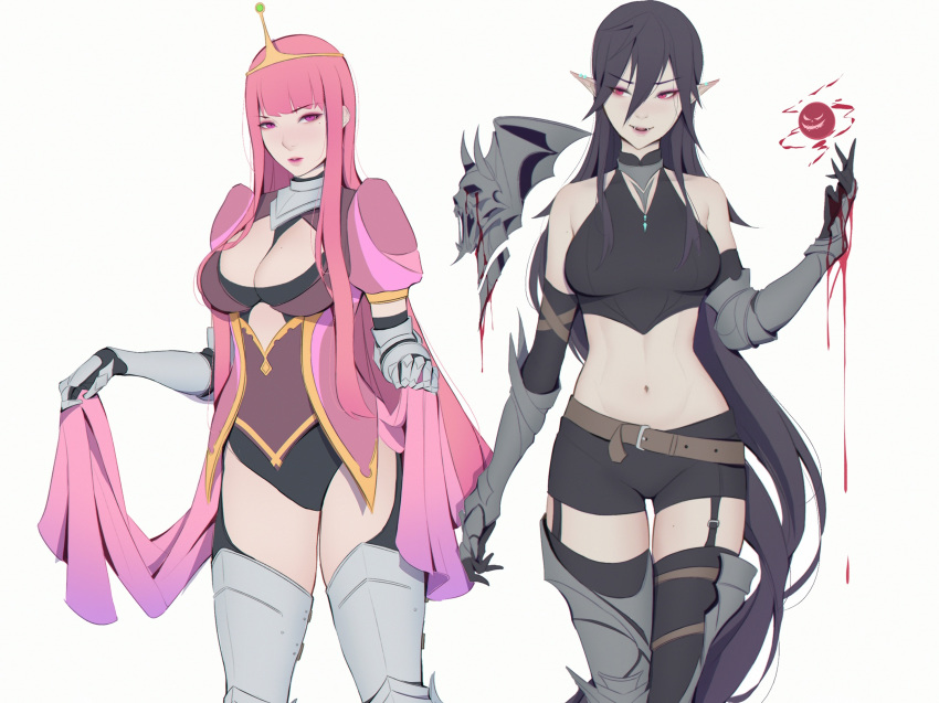 2girls adventure_time armor black_hair blood breasts cape cleavage cropped crown elbow_gloves fang garter_belt gloves leotard liya_nikorov long_hair magic marceline navel pink_eyes pink_hair pointed_ears princess_bubblegum red_eyes shorts thighhighs vampire zettai_ryouiki