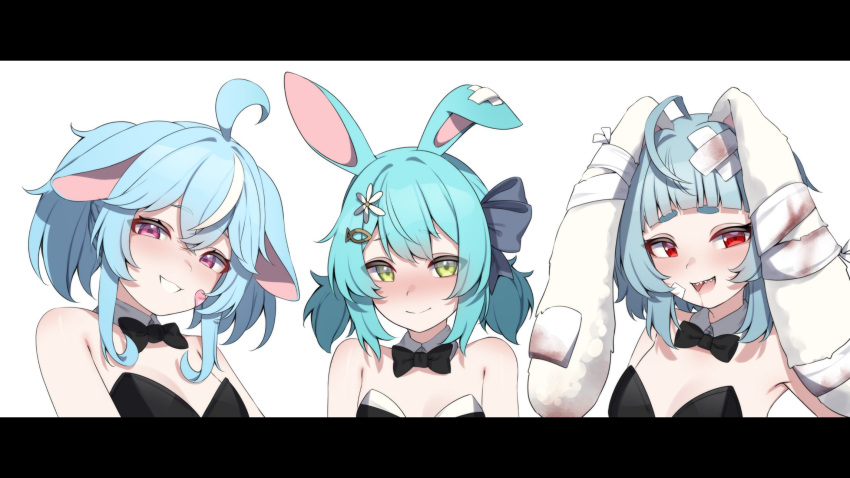 3girls :3 :d @_@ ahoge alternate_costume animal_ears bandages bandaid bandaid_on_face black_bow black_bowtie black_leotard blood blood_on_bandages blue_hair blunt_bangs blush bow bowtie breasts cleavage detached_collar fish_hairpin flower_ornament grin hair_between_eyes hair_bow hair_ornament hairpin highres hikimayu indie_virtual_youtuber krumroll leotard looking_at_viewer lop_rabbit_ears multicolored_hair multiple_girls nanobites para_(vtuber) playboy_bunny purple_bow purple_eyes rabbit_ears red_eyes sharp_teeth short_hair sidelocks smile streaked_hair tareme teeth tsurime upper_body valefal_coneri virtual_youtuber white_background yellow_eyes