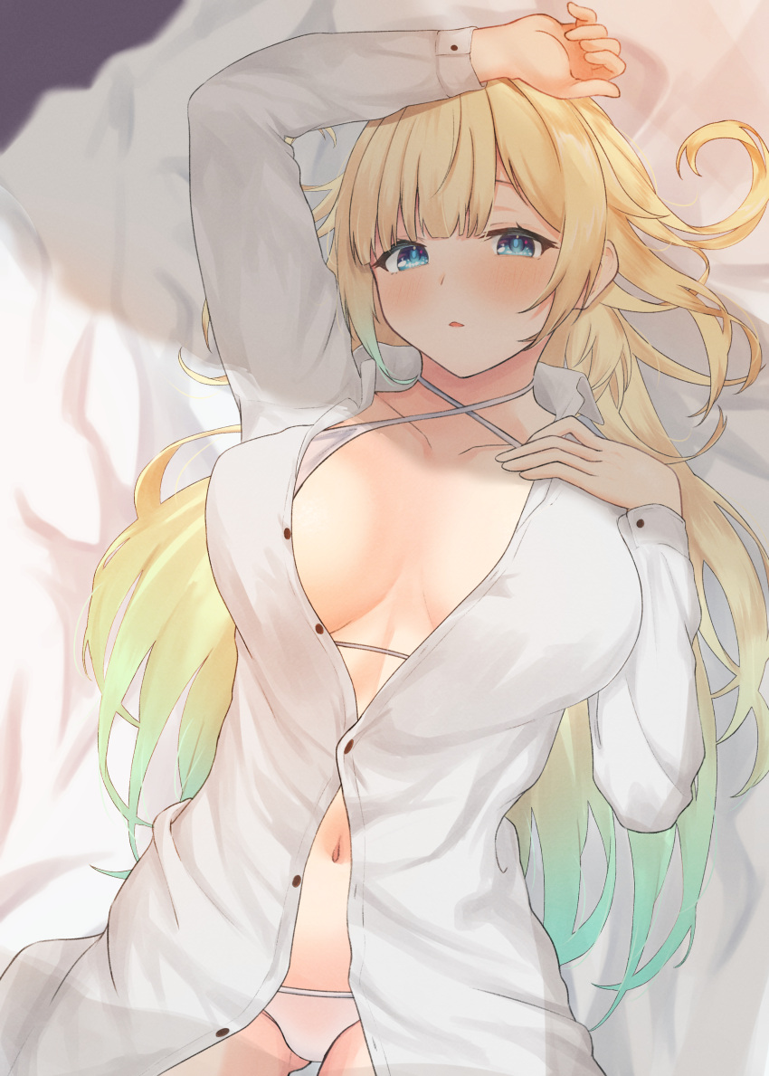 1girl absurdres aizawa_ema aoibajiru bed bikini bikini_under_clothes blonde_hair blue_eyes blush breasts collared_shirt criss-cross_halter dress_shirt gradient_hair green_hair halterneck hand_on_own_chest highres large_breasts long_hair long_sleeves looking_at_viewer lying multicolored_hair navel on_back on_bed open_clothes open_shirt parted_lips shirt solo swimsuit very_long_hair virtual_youtuber vspo! white_bikini white_shirt wing_collar