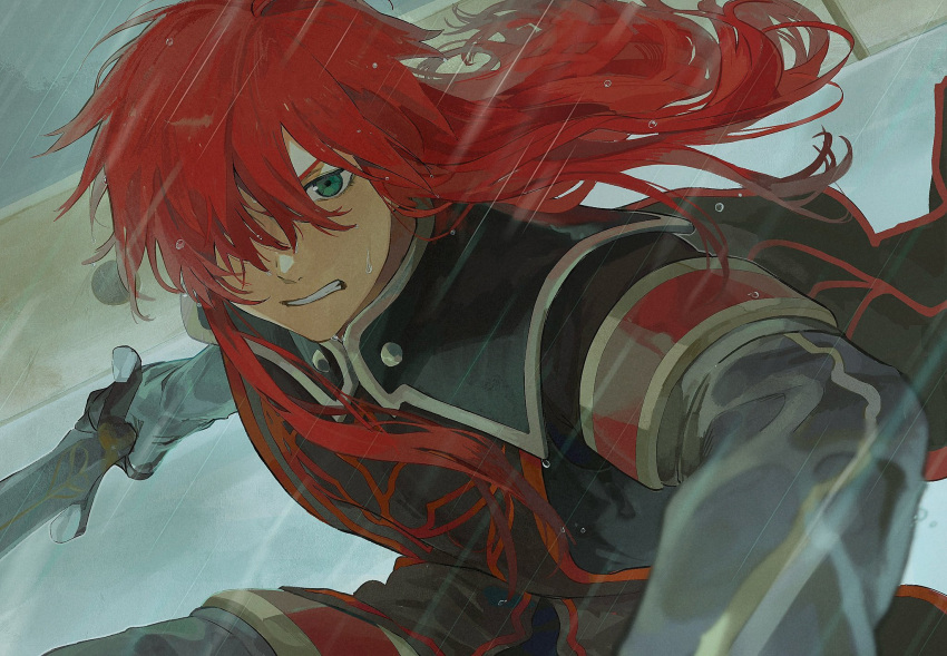 1boy asch_(tales) black_cape cape clenched_teeth commentary_request green_eyes hair_over_one_eye highres holding holding_sword holding_weapon long_hair male_focus meba outdoors rain red_hair red_trim sword tales_of_(series) tales_of_the_abyss teeth weapon