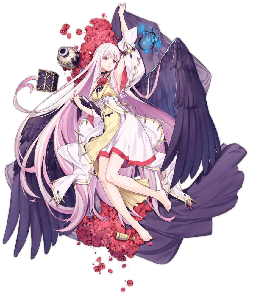 1girl absurdly_long_hair ark_order armpits barefoot bed_sheet black_wings blue_butterfly book bug butterfly cage detached_sleeves dress feathered_wings flower full_body gold_trim highres holding holding_book holding_sheet hypnos_(ark_order) jewelry lan_ren_hui long_hair long_sleeves looking_at_viewer lying neck_flower necklace official_art on_back parted_lips pink_flower pink_hair red_eyes solo sparkle transparent_background two-tone_dress very_long_hair white_dress wings yellow_dress