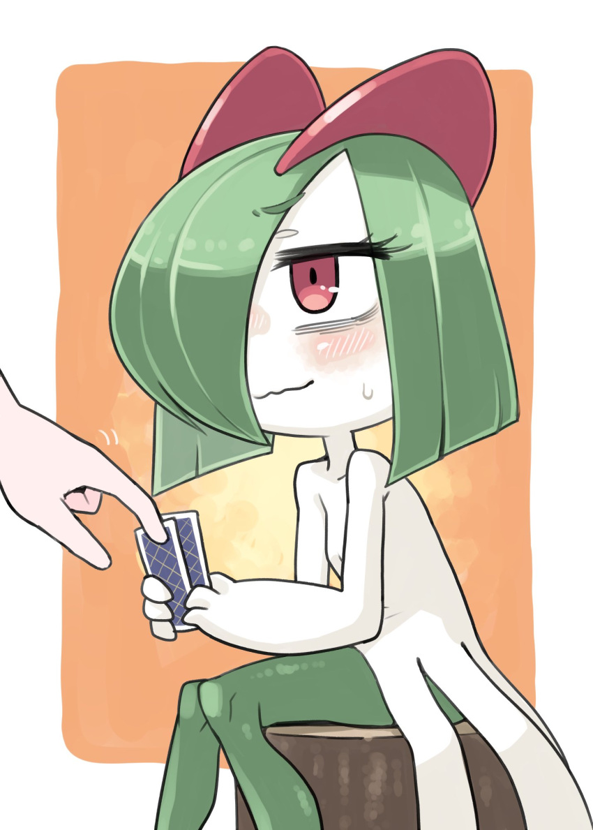 bags_under_eyes card colored_skin green_hair hair_over_one_eye highres holding holding_card horns ino_(tellu0120) kirlia multicolored_skin orange_background out_of_frame pink_eyes playing_card pokemon pokemon_(creature) sidelocks simple_background sitting_on_tree_stump sweatdrop tree_stump two-tone_skin white_skin