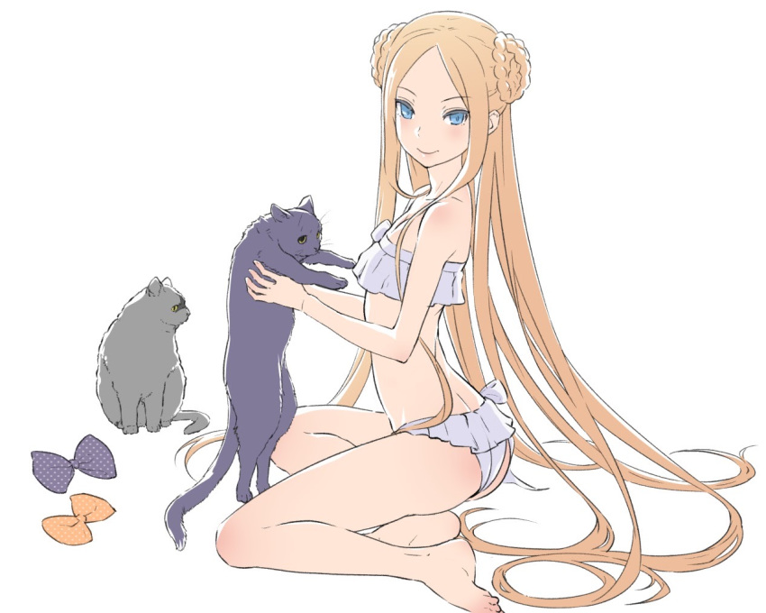 1girl abigail_williams_(fate/grand_order) abigail_williams_(swimsuit_foreigner)_(fate) animal ass bangs bare_arms bare_legs bare_shoulders barefoot bikini blonde_hair blue_eyes bow cat closed_mouth fate/grand_order fate_(series) flat_ass holding holding_animal holding_cat long_hair looking_at_viewer orange_bow parted_bangs polka_dot polka_dot_bow purple_bow simple_background sitting sjw_kazuya smile straight_hair swimsuit very_long_hair white_background white_bikini yokozuwari