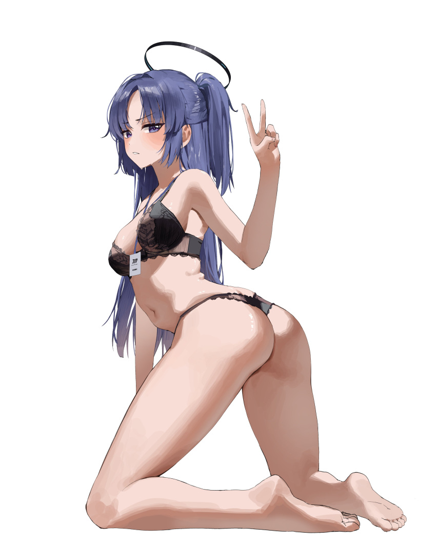 1girl absurdres bare_legs bare_shoulders barefoot black_bra black_halo black_panties blue_archive blue_eyes blue_hair bra closed_mouth commentary_request from_behind full_body halo hand_up highres kneeling official_alternate_costume panties solo toes twisted_torso underwear underwear_only v yohwa yuuka_(blue_archive)
