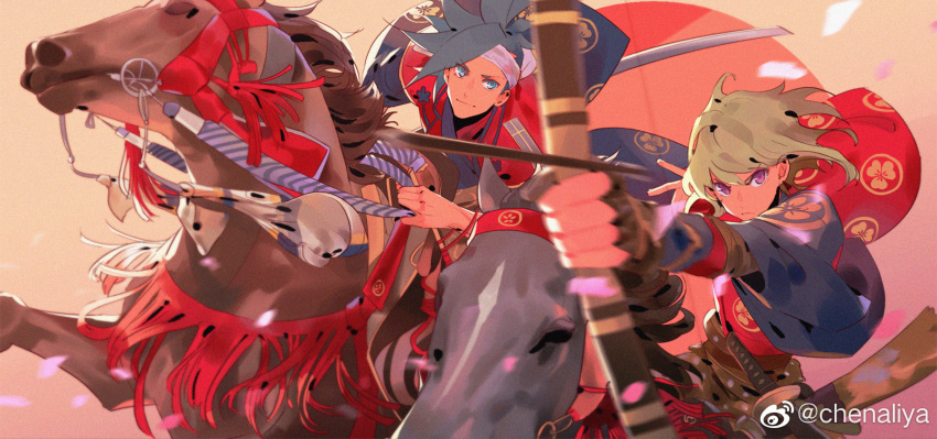 2boys arrow_(projectile) asymmetrical_hair blonde_hair blue_eyes blue_hair bow_(weapon) chenalii cherry_blossoms chinese_commentary commentary_request drawing_bow family_crest galo_thymos headband highres holding holding_bow_(weapon) holding_weapon horse japanese_clothes lio_fotia male_focus mitsuba_aoi_(tokugawa_mon) multiple_boys promare purple_eyes sidecut spiked_hair undercut watermark weapon weibo_logo weibo_username