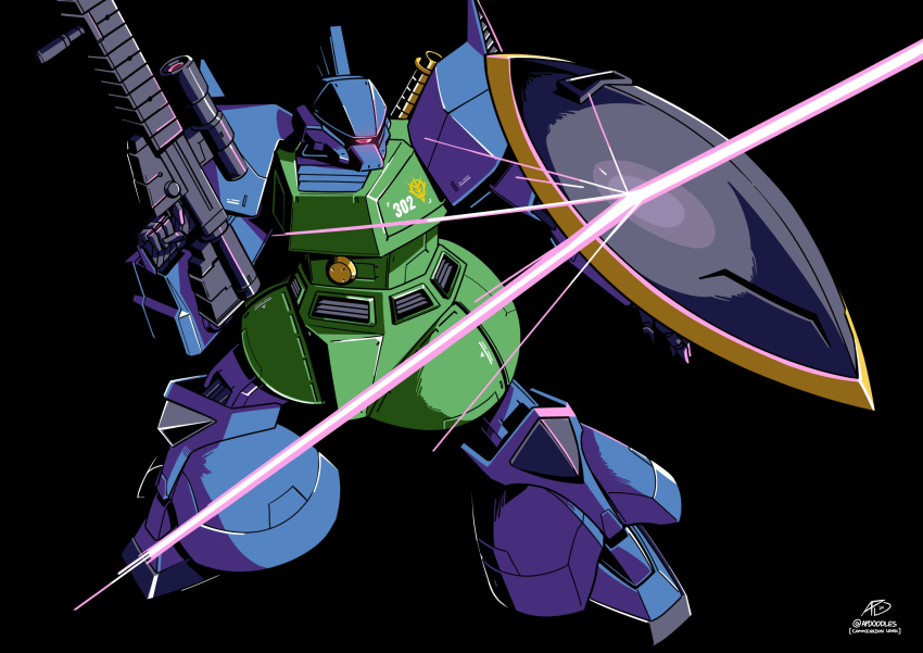 absurdres alex_(apdoodles) arm_shield artist_logo beam_rifle black_background energy_gun finger_on_trigger full_body gelgoog_anavel_gato_custom gun gundam gundam_0083 highres holding holding_gun holding_weapon laser legs_apart mecha mecha_focus mobile_suit no_humans one-eyed pink_eyes robot science_fiction scope simple_background solo standing twitter_username weapon zeon